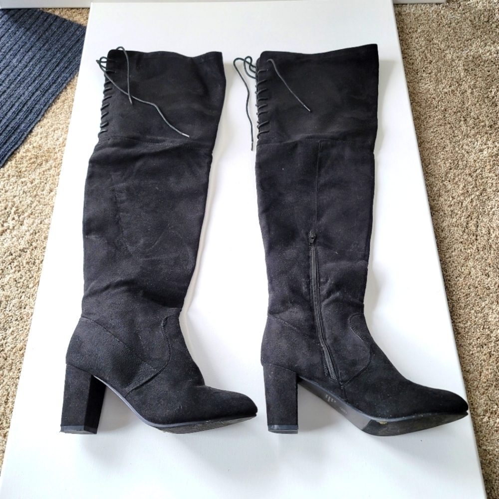 Knee High Faux Suede Lace Up Boots, Black, Size 10